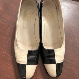 Joan and David tan and black square pattern mid heel